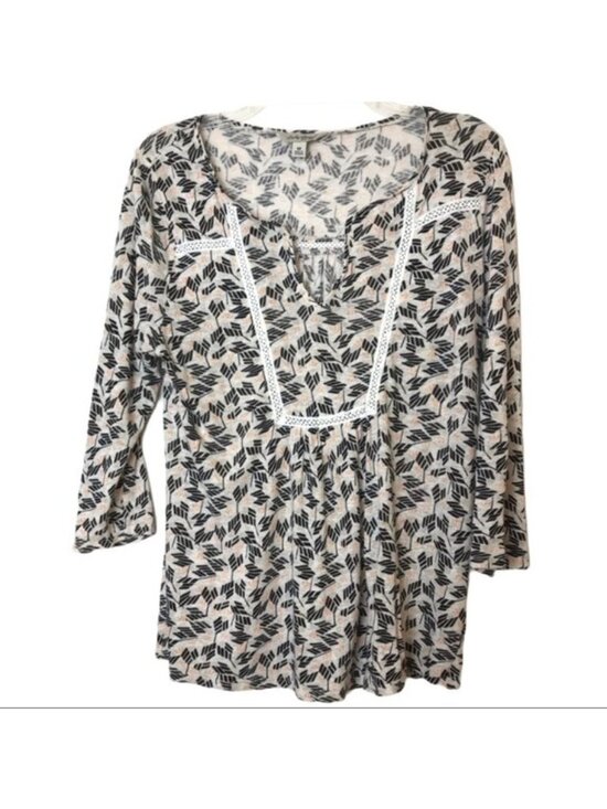 Lucky Brand Tops - Lucky Brand Boho Top Embroidered Knit 3/4 Sleeve Leaf Print Beige/Black Size M
